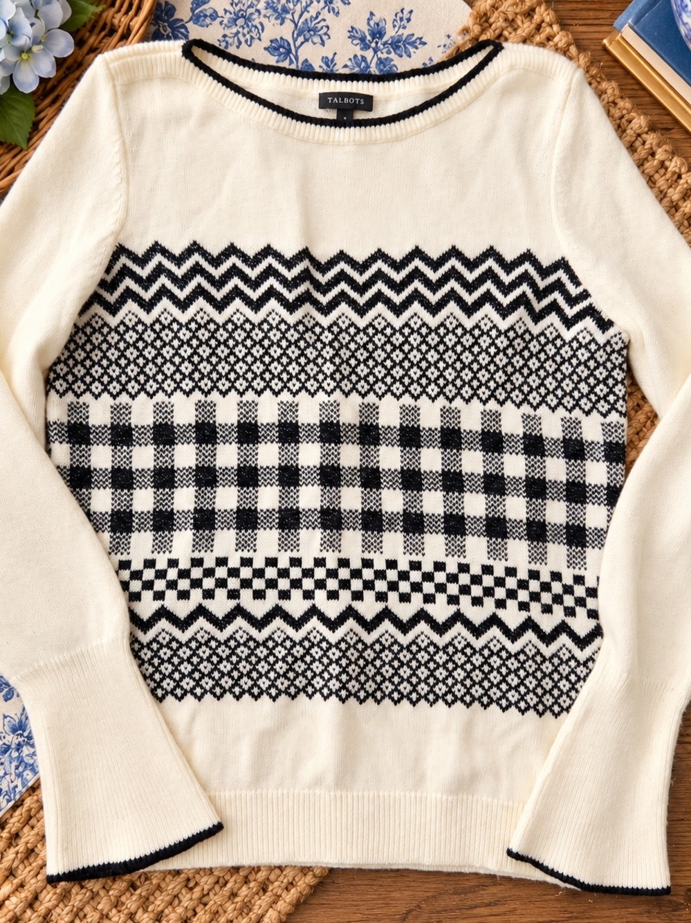 Talbots Cream and Black Geometric Crewneck Sweater